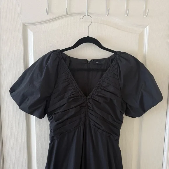 Club Monaco | Black Puff-Sleeve V-Neck Midi Dress Size 6 - Picture 2 of 6